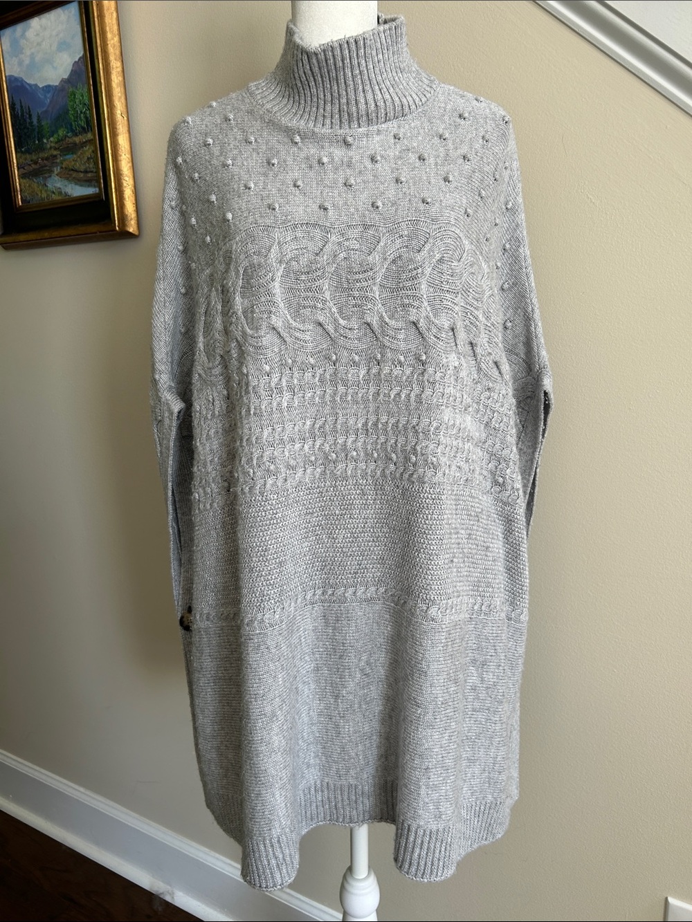 Talbots Soft Knit Grey Cable Knit Poncho with lots of details. Size M